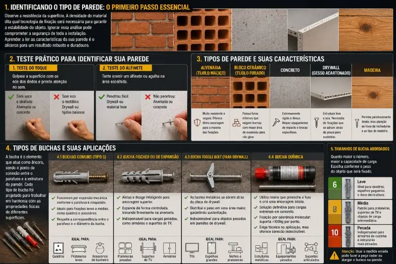 Infográfico mostrando diferentes tipos de buchas: comum, expansão, drywall e química